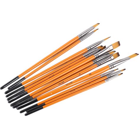 Un ensemble de 12 pinceaux lisses en nylon acrylique, avec manches en bois et anneaux métalliques, pinceaux d'artiste, largement utilisés pour la création artistique, manches orange et pointes plates. (1/5)