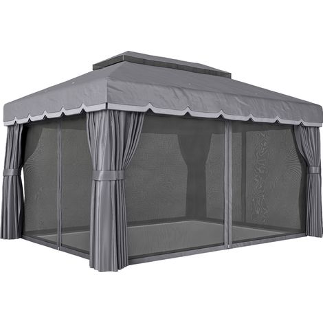 Outsunny cenador de jardín 4x3 m, pabellón de jardín gazebo con doble techo, 4 cortinas y mosquitera, marco de aluminio, orificios de drenaje, upf50+
