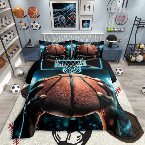 Parure de lit pour garçon Impression numérique 3D Thème basket-ball Tendance sportive Motif panier de basket-ball Housse de couette 135 x 200 cm Design sportif Style basketball (1/5)