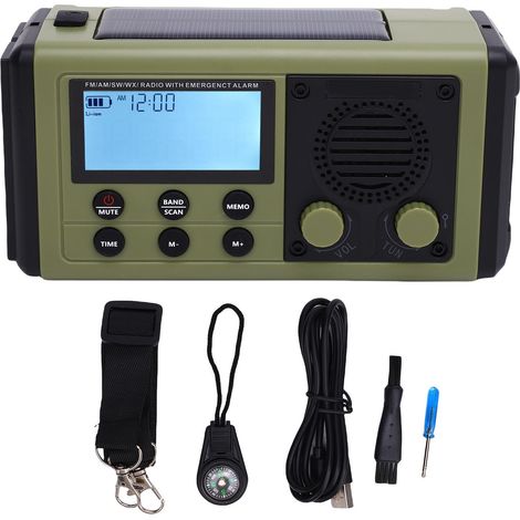 Ortviai Radio d'urgence tout bande avec manivelle, solaire et affichage LCD COG, étanche IPX6, vert