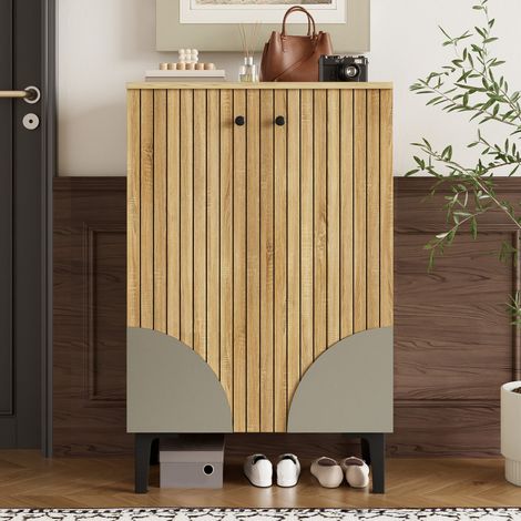 Meuble à chaussures moderne en bois avec portes - Organisateur gain de place avec étagères et cadre métal noir (1/5)