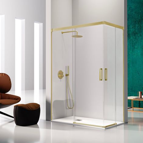 Paroi de douche accès en angle 2 verres fixes + 2 portes coulissantes GLASÉ or brossé 110 x 90 cm (1/4)