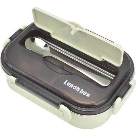 Boîte-repas Bento 1L en Acier Inoxydable 304 Compartimentée Isotherme Anti-Fuites avec Baguettes et Cuillère pour Pique-nique
