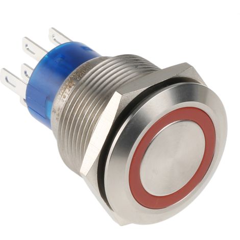 Bouton-poussoir, Momentané lumineux, LED Rouge, 3 A, 5 A, Montage panneau ( Prix pour 1 )