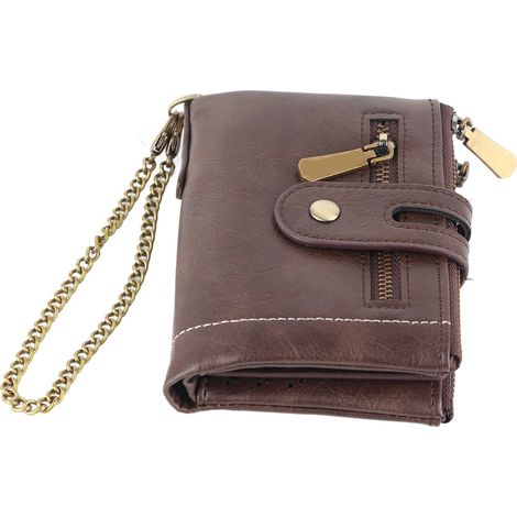Portefeuille homme court rétro multifentes fermeture éclair similicuir porte-monnaie réversible pour billets cartes bancaires pièces couleur café (1/5)