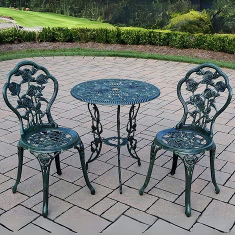 Green Bistro Set Outdoor Patio Garden Furniture Table and 2 Chairs Metal Frame (1/5)