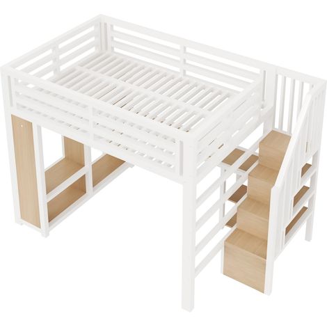 Cama alta de metal 140x200 cm blanca con escritorio, armario abierto, escalera y LED USB (1/5)