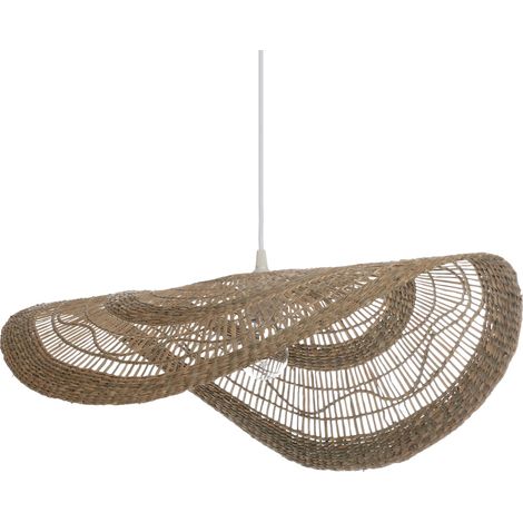 Luminaire Costa, lustre bohème, naturel - lampe suspendue en rotin tressé naturel - cable plastique blanc, douille E27 - possibilité ampoule LED - 60W maxi, Diam. 60 x H. 10 cm (1/5)