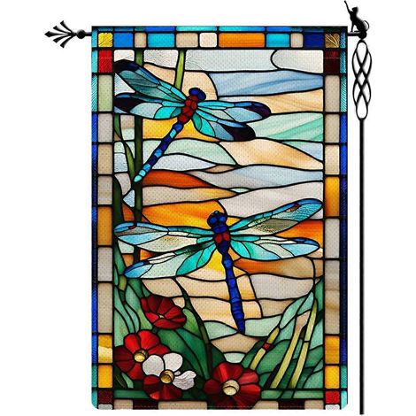 Libellen-Gartenflagge, Glasstil, Blumen-Gartenflagge