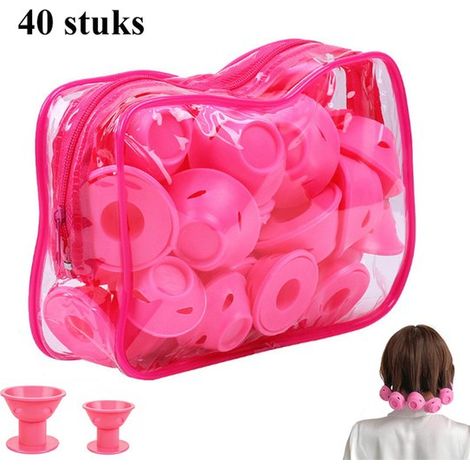 40 pièces - Bâtonnets à cheveux en silicone - Bâtonnets à cheveux sans chaleur - Bâtonnets champignon - N'abîment pas les cheveux - 20 grands + 20 petits - Pour cheveux longs et mi-longs - Rose (1/5)