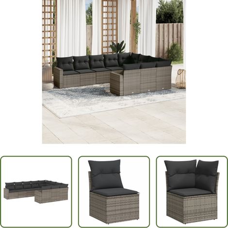 vidaXL Canapé en résine - Salon de jardin avec coussins 10 pcs gris résine tressée (1/5)