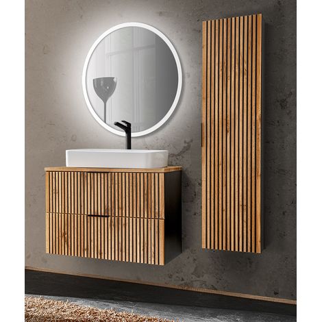 Badezimmer Set mit Waschplatz und Hochschrank XANTEN-56 in anthrazit mit Eiche Nb. schwarz gerillt, B/H/T: 130/200/46,5 cm (1/5)