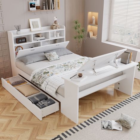 Lit enfant et ado 140x200 cm avec rangement, étagère de tête, table rabattable, blanc, REDOM (1/5)