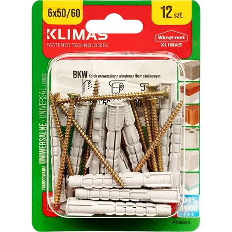 Chevilles Universelles Klimas 6 x 60, Tete Fraisee PZ2, Zinguees, Blister De 12