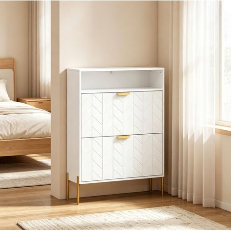 Scarpiera 80x23.7x110 cm con 2 ribalte, vano aperto, per 12-16 paia di scarpe, MDF e pannello truciolare bianco (1/5)