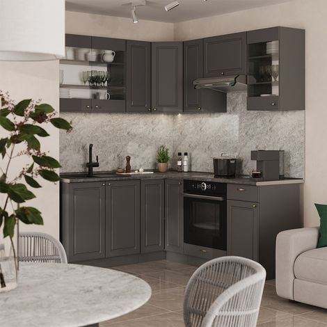 Cuisine en angle Fame-Line, Anthrazit-Gold Landhaus/Anthracite, 190 x 160 cm, PT Marbre, Vicco
