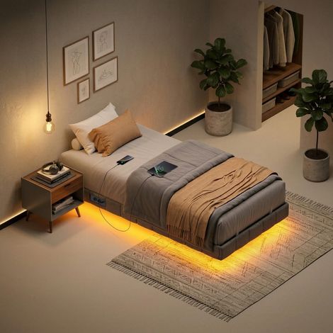 Vasagle – Cadre de lit simple 90 x 190 cm – LED intégrée – Multiprise – Effet flottant – Ports USB – Gris – Structure silencieuse et stable