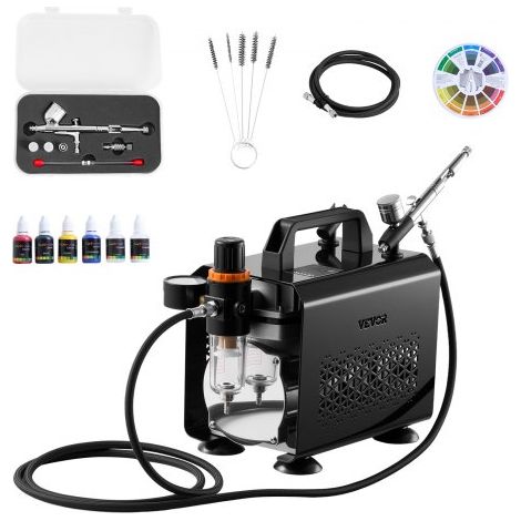 Kit de Aerógrafo con Compresor de Aire 1/6 HP, 1 Aerógrafo de Doble Acción con 3 Boquillas, Manguera, Pinturas Acrílicas, Kit de Pintura para Decoración de Tartas, Maquetas, Uñas, Coches (1/5)
