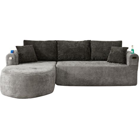 Graues L-Ecksofa aus Stoff mit Becherhalter aus Edelstahl und Seitentaschen (1/5)
