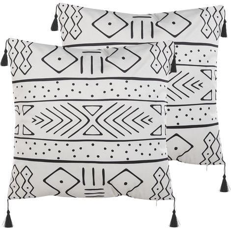 Conjunto de 2 cojines de poliéster blanco negro patrón geométrico borlas decorativas 45 x 45 cm Schefflera (1/5)