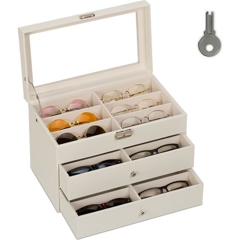 Relaxdays Glasses Box, 18 Pairs Case, Leather Look, Velvet Cover, Transparent Window, HWD 22.5 x 33.5 x 19 cm, White (1/5)