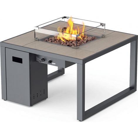 Table brasero à gaz 10 kW Bali Outdoors - 95 x 95 cm - Plateau céramique effet bois (1/5)