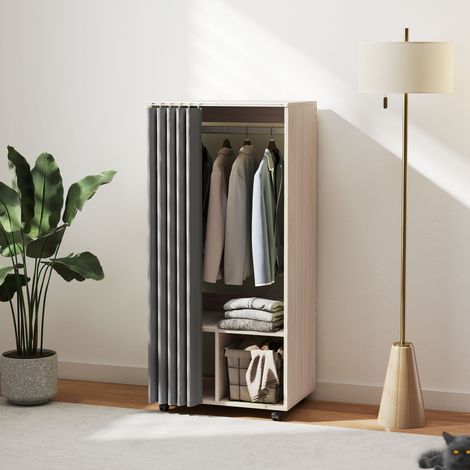 Armadio, mobile contenitore con tenda, asta appendiabiti, 60 x 40 x 128 cm, effetto legno naturale