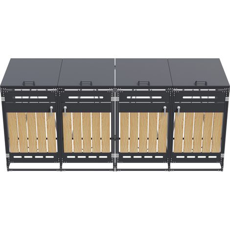 Lot de 4 cache-bacs à ordures avec couvercle hydraulique, habillage vertical imitation bois, ventilation à fentes oblongues, armoire de rangement de jardin en fer avec serrure (1/5)