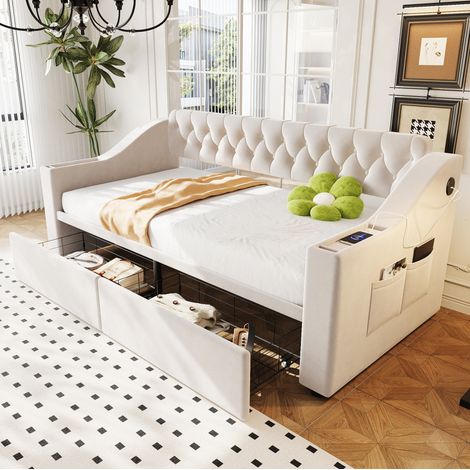 Sofá cama tapizado de terciopelo beige 90x190 cm con USB, almacenaje en brazos y 2 cajones (1/5)