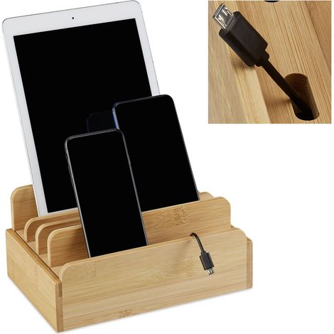 Relaxdays Charging Station, Tablet & Smartphone, Cable Organiser, H x W x D: 10 x 22.5 x 15, Bamboo, Natural (1/5)