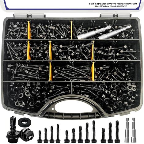 Coffret de visserie 900 pièces – Assortiment de vis autoperceuses et autotaraudeuses pour tôle et métal, vis à tête hexagonale avec rondelles, en acier inoxydable, kit de fixation métrique-NOIR (1/2)