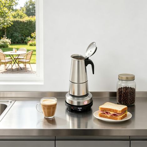 Cafetière Italienne 6 tasses Cafetière Espresso En Acier Inoxydable Cafetière Électrique, Avec Cuisinière Électrique, Style Expresso Sûre Finition Argentée 220V 300ml (1/5)