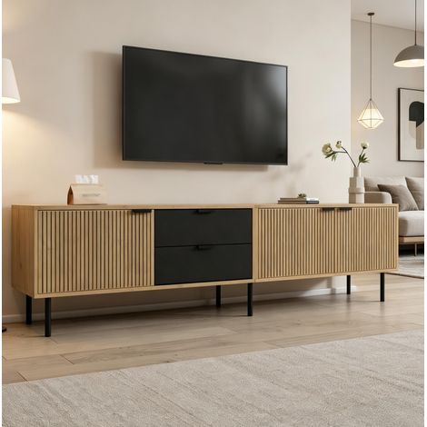 Mobile porta TV, ideale per soggiorno e camera da letto, con 2 cassetti e 3 ante, sistema di gestione cavi, dimensioni 208x40x48 cm, in legno naturale e nero (1/5)