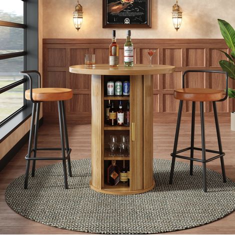 Table haute ronde avec rangement, 60 x 60 x 91,6 cm, MDF et métal, aspect bois HAVRYA (1/5)