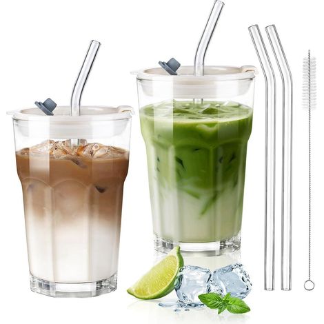 2er Set Glasbecher 380ml mit Deckel & Strohhalm für Smoothies, Eiskaffee (1/5)