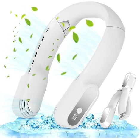 Ventilateur tour de cou (blanc) - 4000 mAh - Rechargeable par USB, 3 vitesses de ventilation réglables / Sans pales - Pliable (1/5)