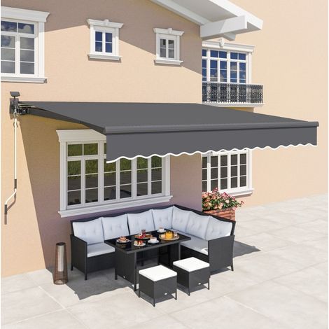 Auvent extérieur rétractable en aluminium gris 395 x 300 cm, éclairage LED solaire, inclinaison réglable 45° à 90° (1/5)