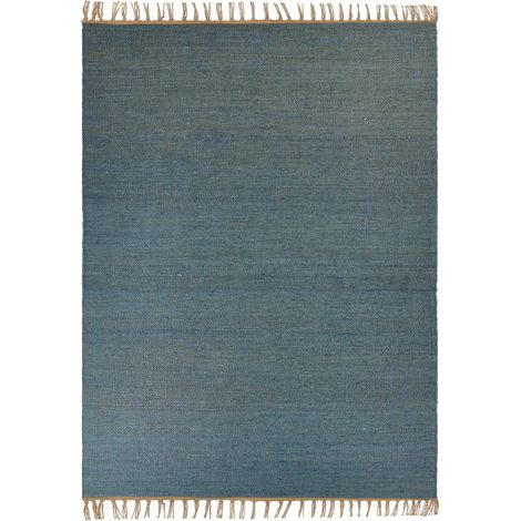 Tappeto iuta blu tessuto a mano 160 x 230 cm con frange boho Lunia