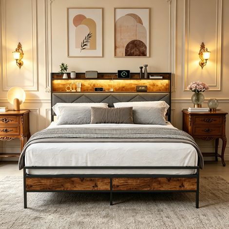 Lit double 140 x 200 cm, Cadre en Métal et Bois, Tête de Lit Rembourrée en Lin avec Rangement, Ports USB et Éclairage LED RGB - Sans Matelas (1/5)