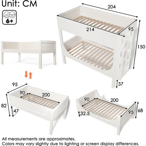 Lit superposé séparable 90×200cm blanc,échelle flexible,design traîneau,1 lit divisé en 2 simples,vendu sans matelas (1/5)