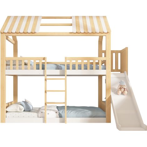 Lit superposé enfant 90x200 blanc et naturel avec toit cabane, étagère et toboggan 35 cm, sécurisé EN 747-1:2024, pour deux enfants et petits espaces – CHICFURN (1/5)