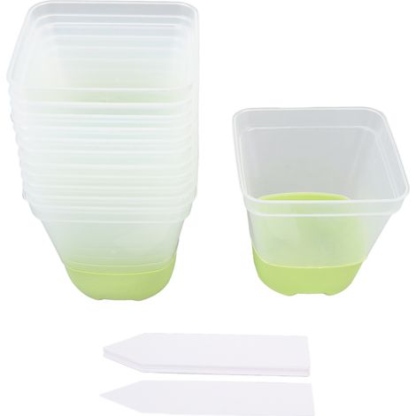 Juego de 12 macetas de plástico reutilizables para vivero, con 12 etiquetas, orificios de drenaje y base de silicona suave, de color verde fluorescente. (1/5)