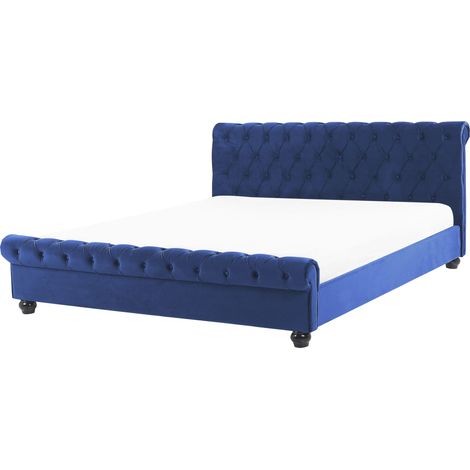 Letto ad acqua 180x200 velluto blu marino testiera trapuntata gambe marroni Avallon
