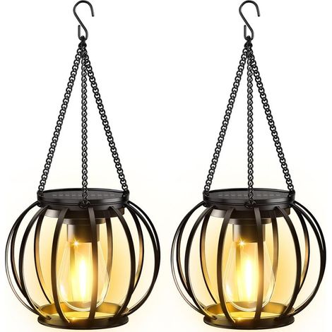 Lot de 2 lanternes solaires d'extérieur en métal, lumineuses, suspendues, étanches, avec allumage et extinction automatiques, idéales pour la décoration de votre jardin, terrasse, allée