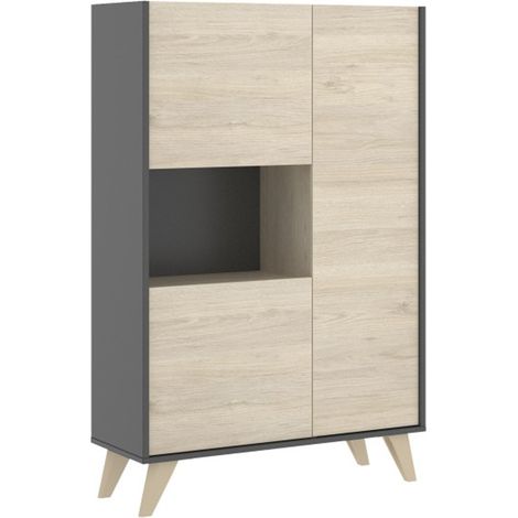 Pegane – Buffet haut graphite et chêne naturel – Dimensions 135 x 81 x 43 cm – Panneaux de particules mélaminés – Options de stockage pratiques