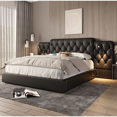 Lit coffre en simili cuir noir 160x200 cm avec tête de lit allongée, éclairage de lecture et ports USB (1/5)