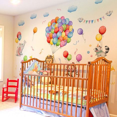 Stickers Muraux Animaux Montgolfière - - Autocollant Mural Forêt Singe Lion Ballon Décoration Bébé Chambre (1/5)