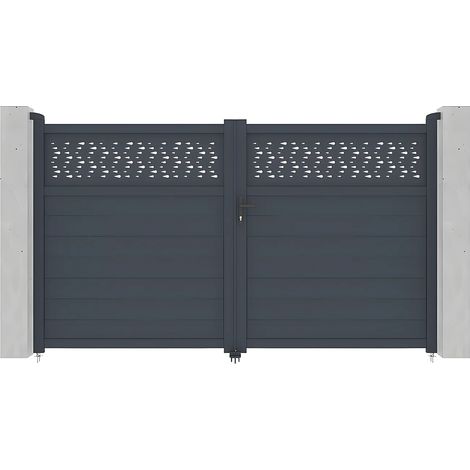 Cancello battente L305 x H180 cm in Alluminio semi traforato con motivi Antracite - BAZIO (1/5)