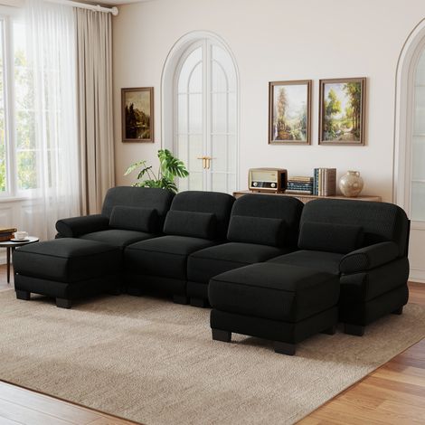 Canapé panoramique modulable 4 places 336 x 161 x 94 cm avec 2 poufs, assise profonde et coussins épais, velours côtelé, noir (1/5)