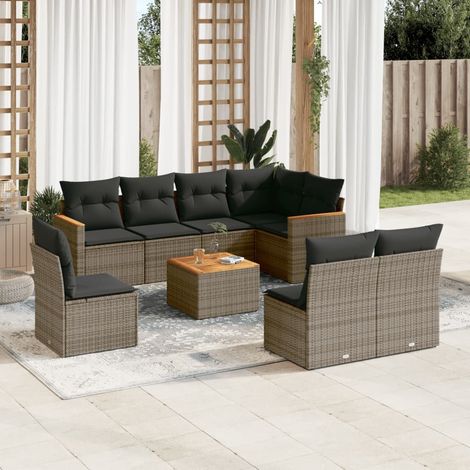 9-tlg. Garten-Sofagarnitur mit Kissen Grau Poly Rattan (1/5)